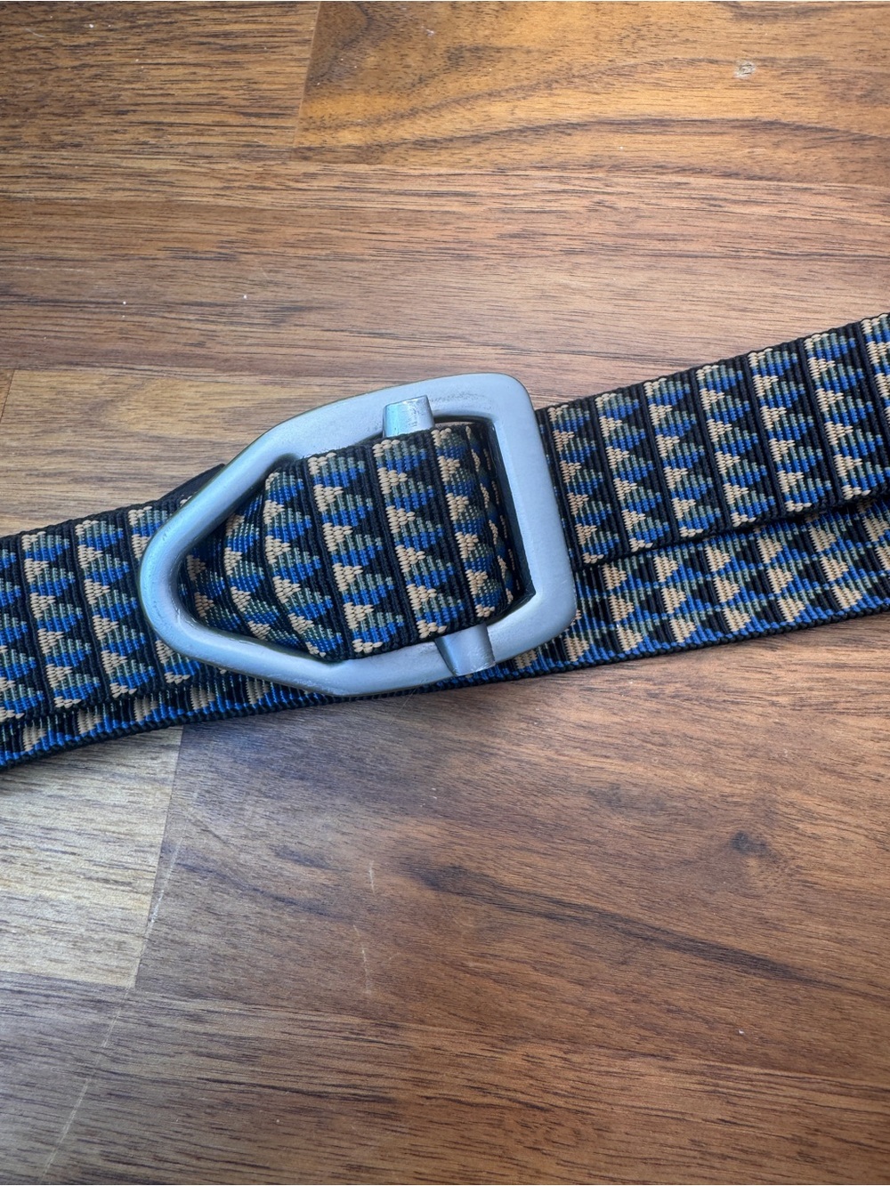 Bison Designs Men's Geometric Webbing Belt in Blue and Brown with Silver Buckle